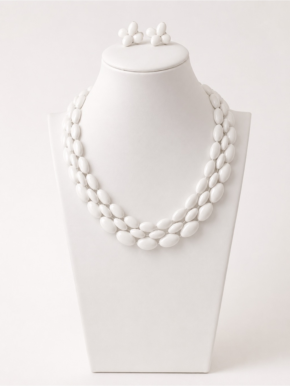 Vintage Signed Napier White Enamel Necklace & Clip-On Earring Set Gold Tone - Picture 2 of 7